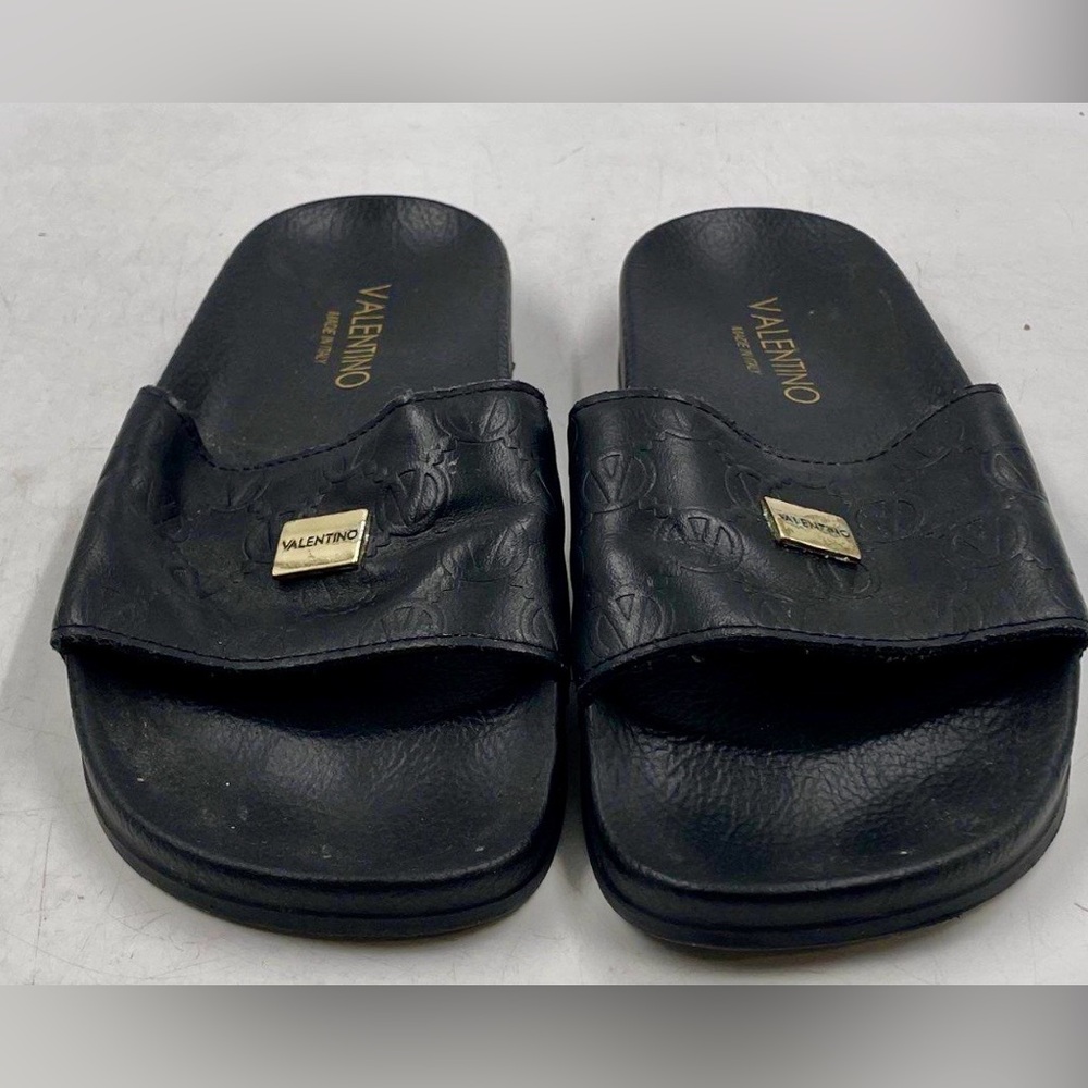 Valentino Embossed Black Slides with Gold Accents